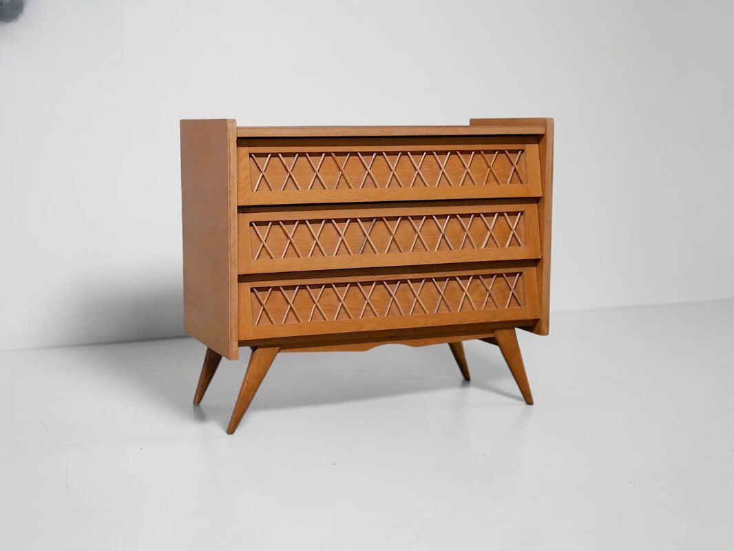 Commode rotin scandinave pieds compas - Vintage 1960