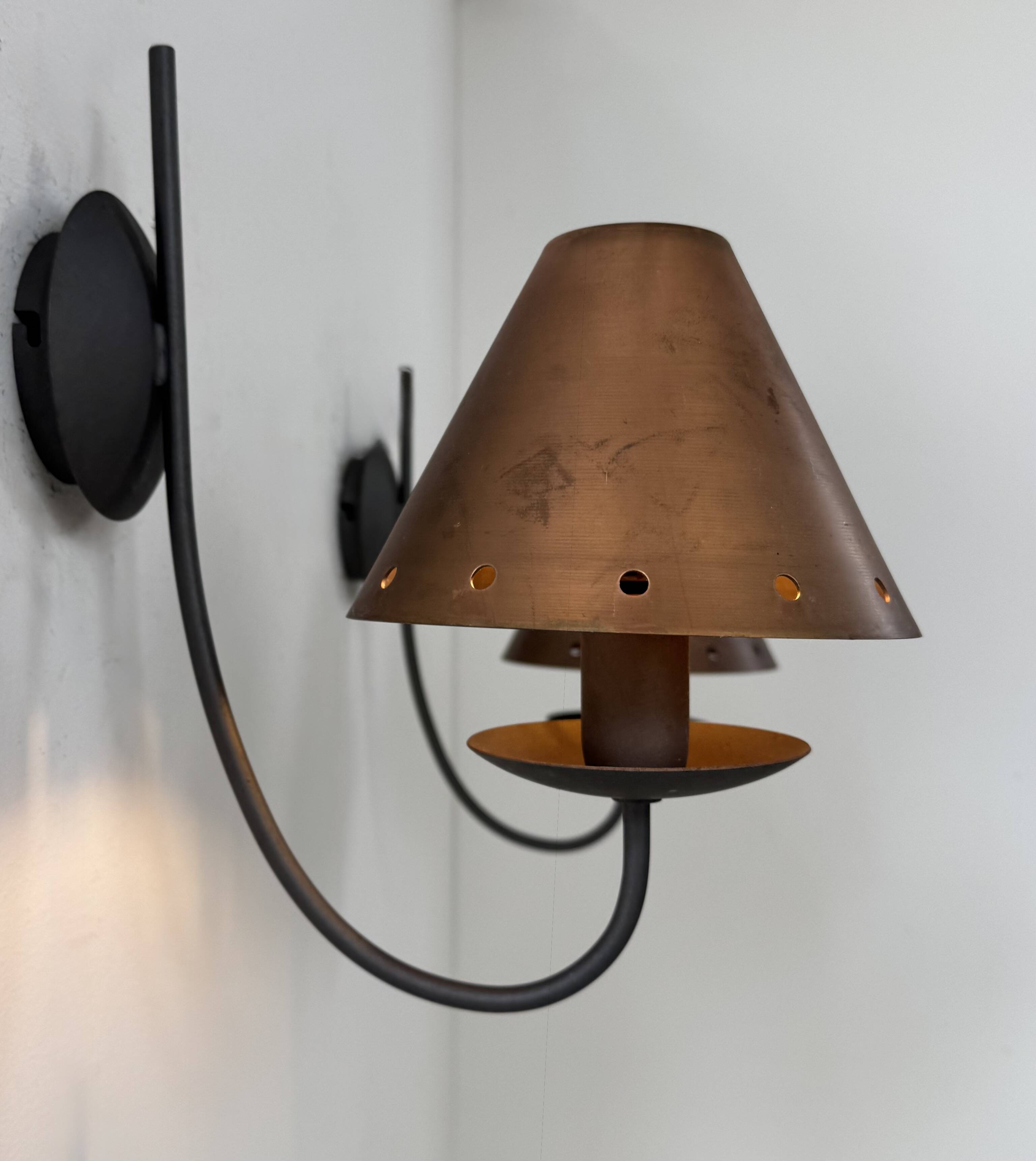 Pair of vintage wall lights, copper and black lacquered metal, France, 1970.
