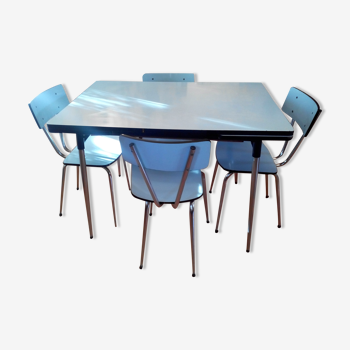 Table formica bleue et ses 4 chaises