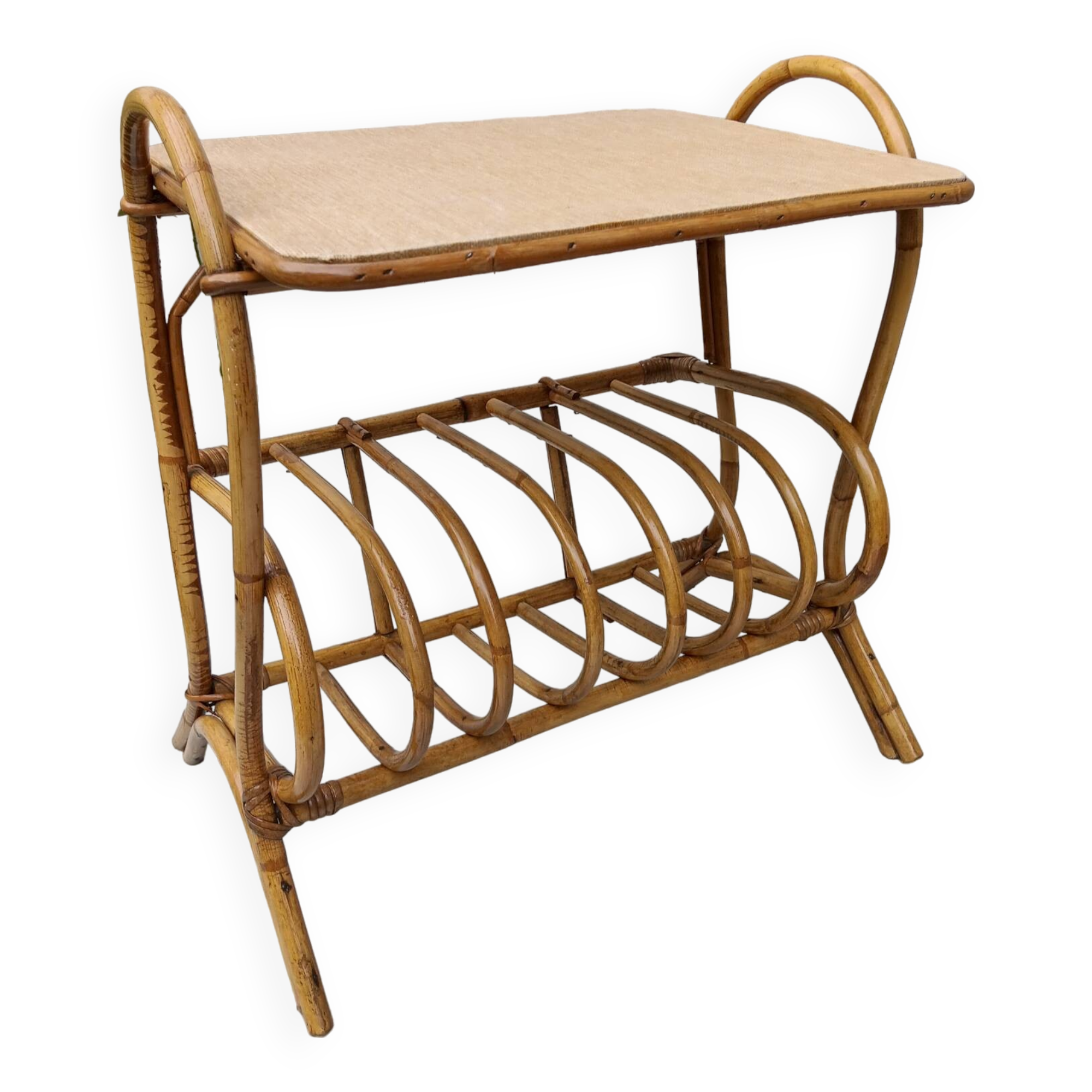 Rattan side table, magazine rack or record rack. Vintage 60s.