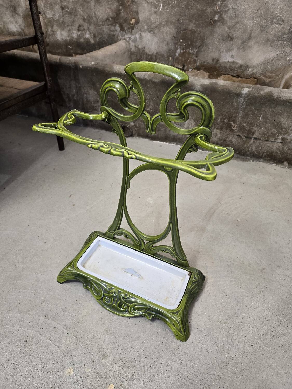 Art Nouveau umbrella stand in green enamelled cast iron