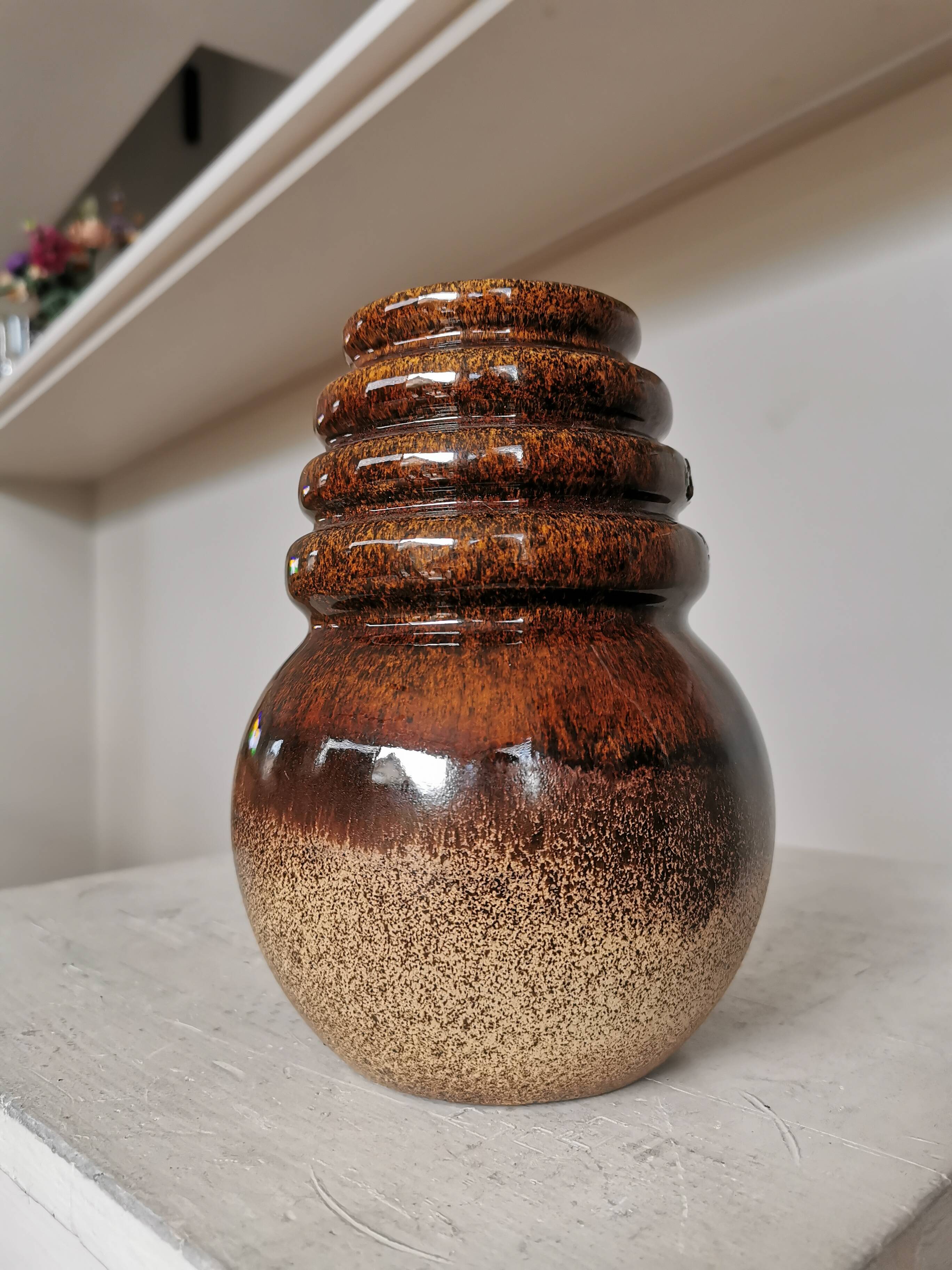 Vintage Fat Lava Vase: West German Brown Glazed Ceramic, Retro Boho Decor