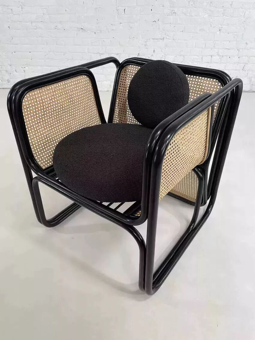Cubic armchair in black rattan and canework