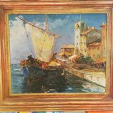 Painting by L. Lutz depicting a tartan at the quayside in a Provençal port