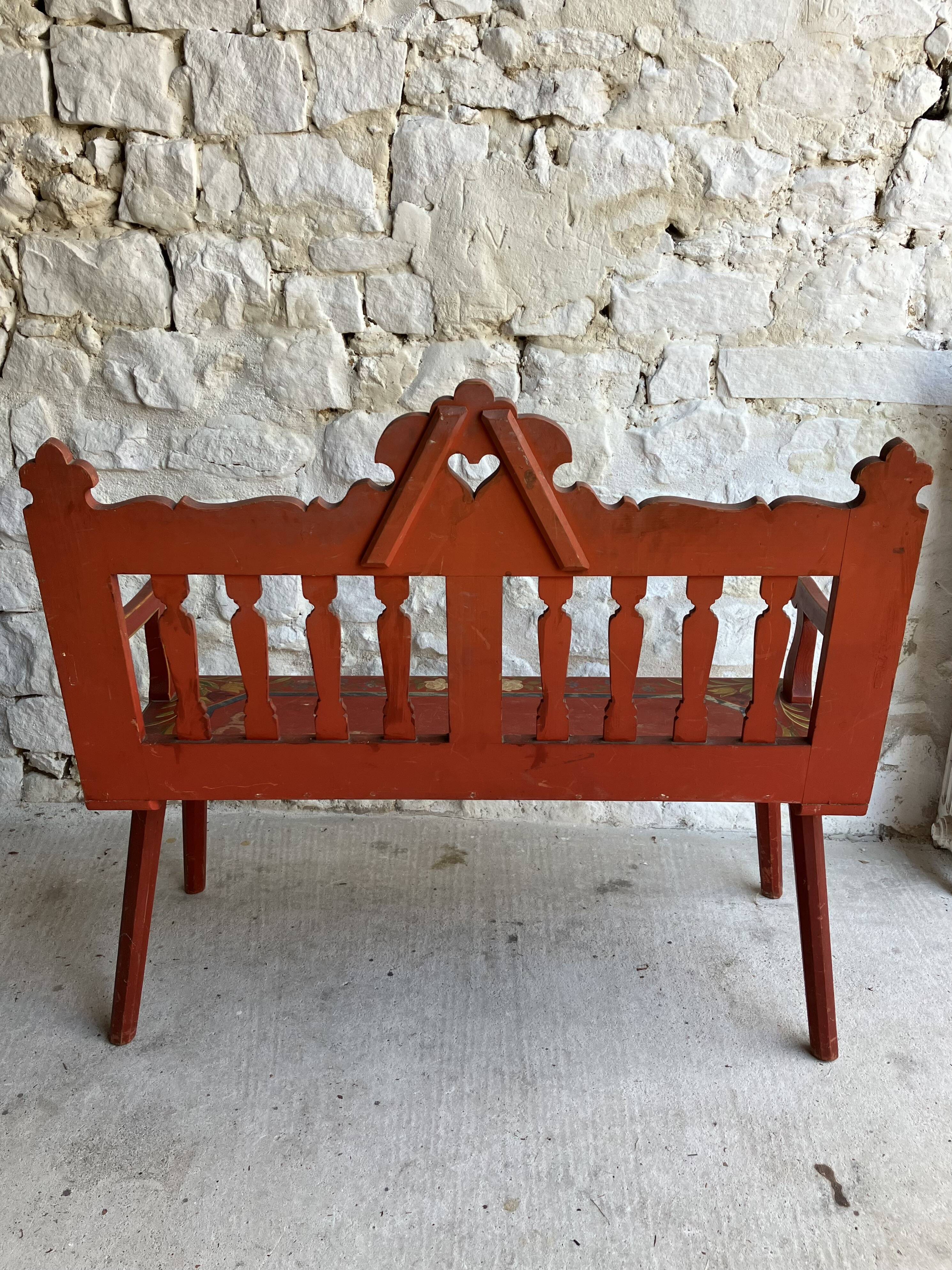 Folk bench in painted wood - Eastern Europe probably Hungary - early 20th century