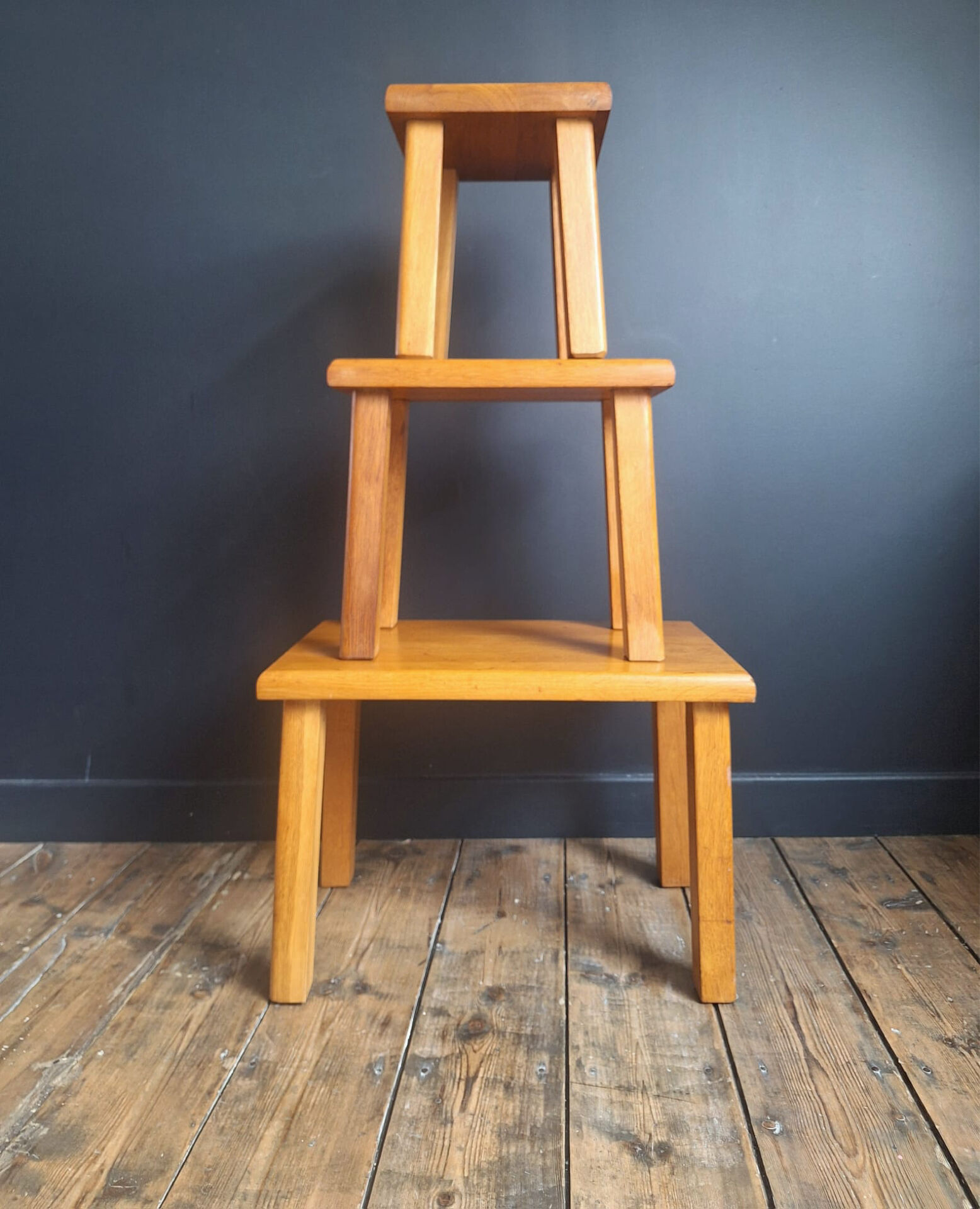 3 nesting tables in vintage elm, brutalist design.