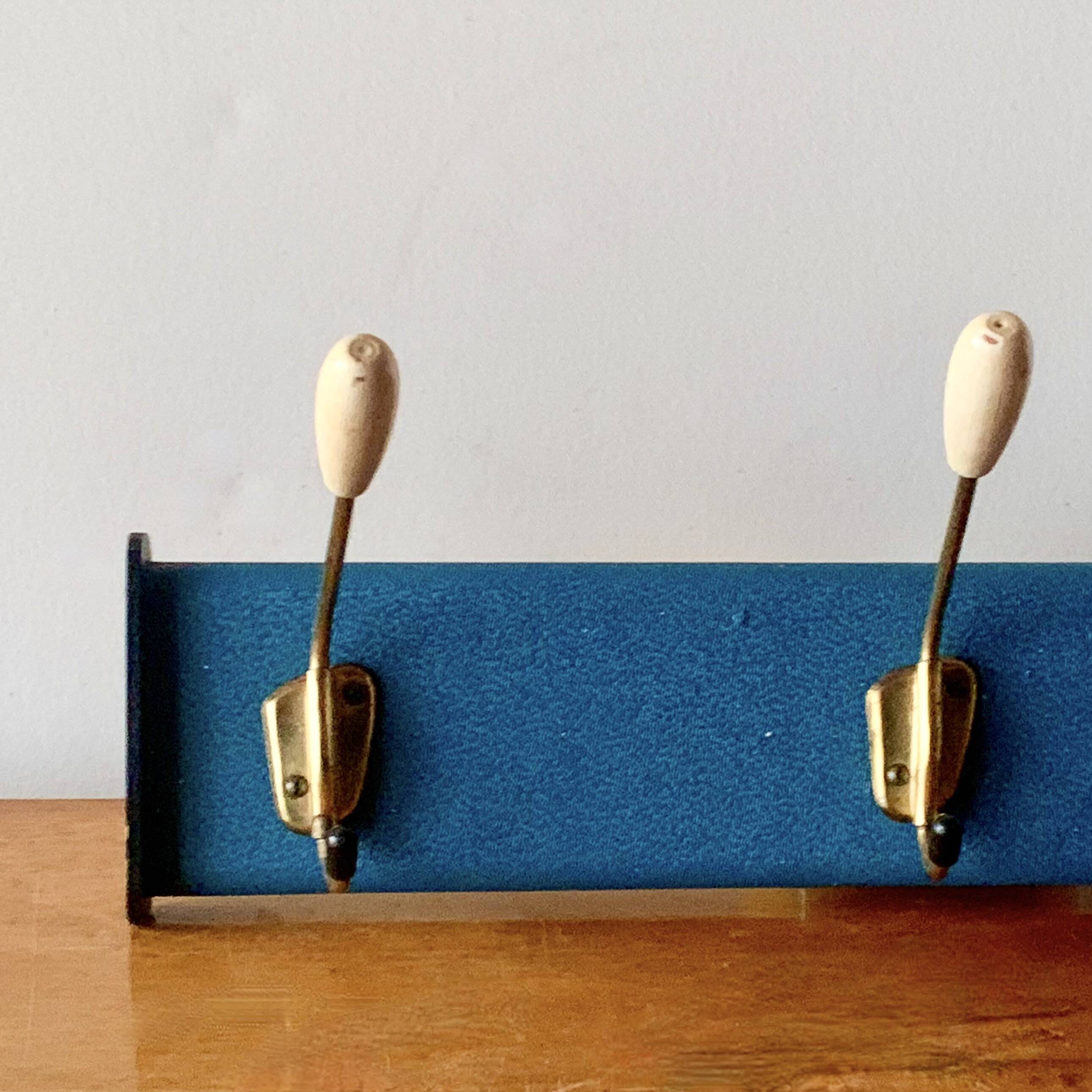 Vintage wall coat rack - 3 brass coat hooks