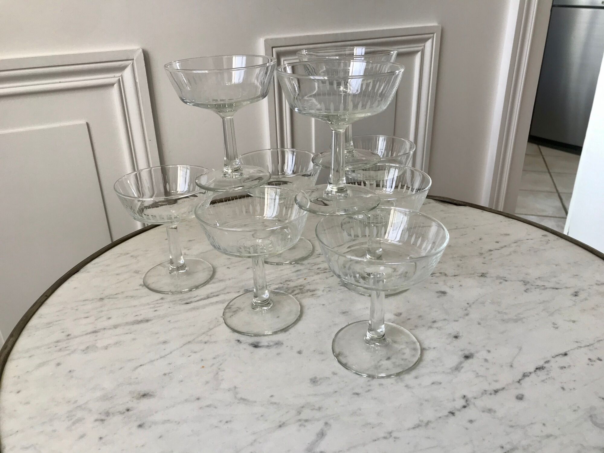 Lot de 10 coupes à champagne en verre cristallin années 50-60