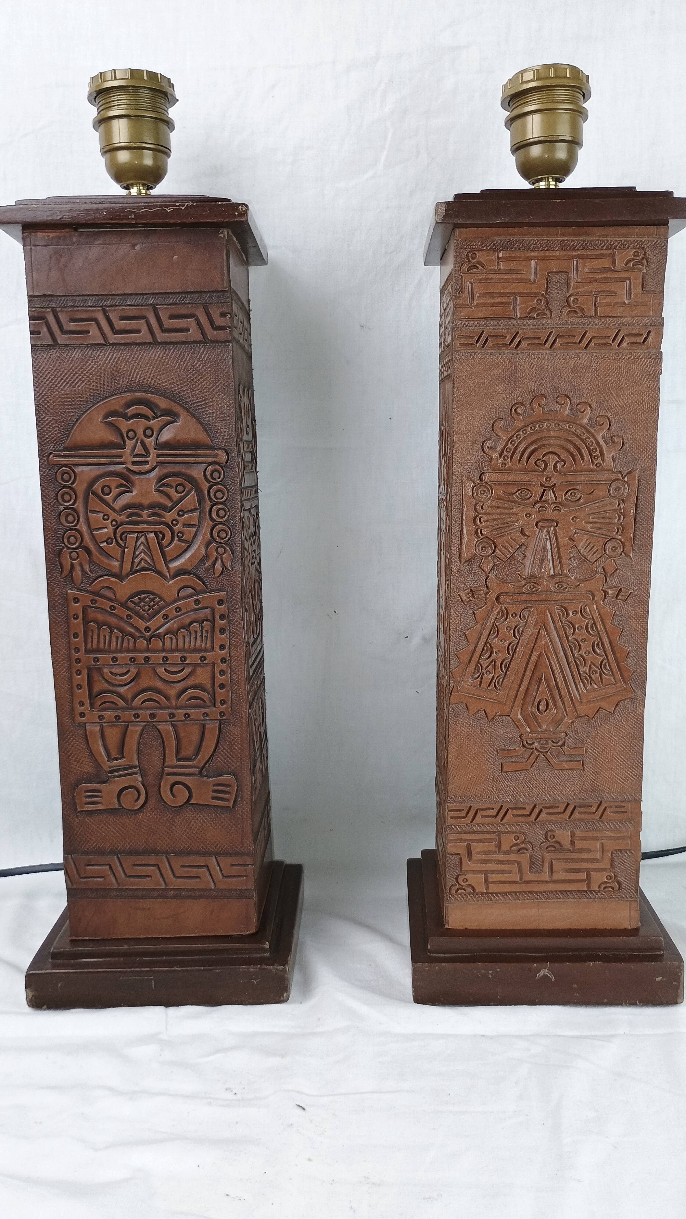 Pair of Kaiser Leuchten Totem Lamps in Vintage Aztec Inca or Mayan Leather
