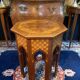 Thuyawood tea table with marquetry decoration.