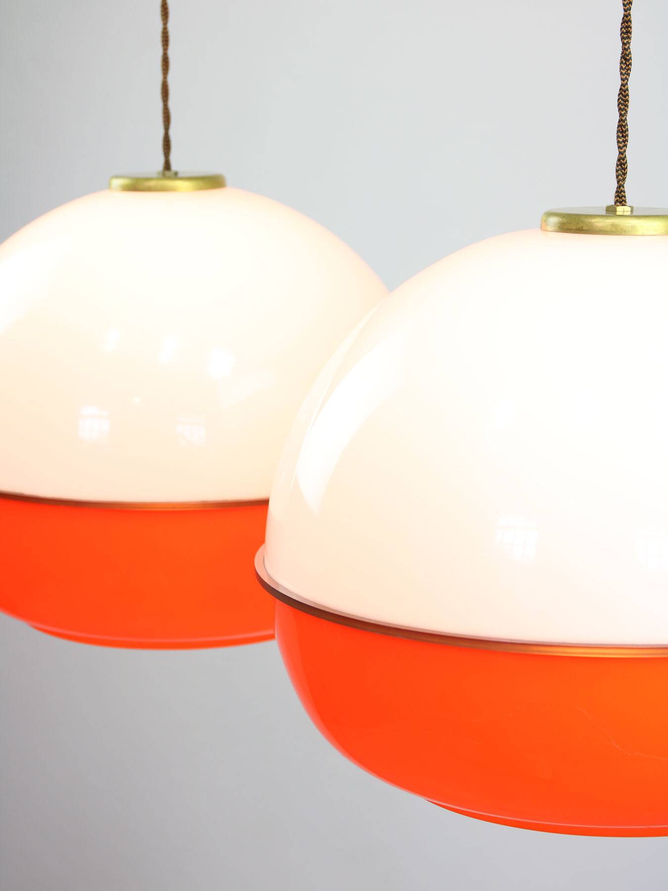 Space Age Italian Orange Plexiglass and Brass Pendant Lamp, 1970s