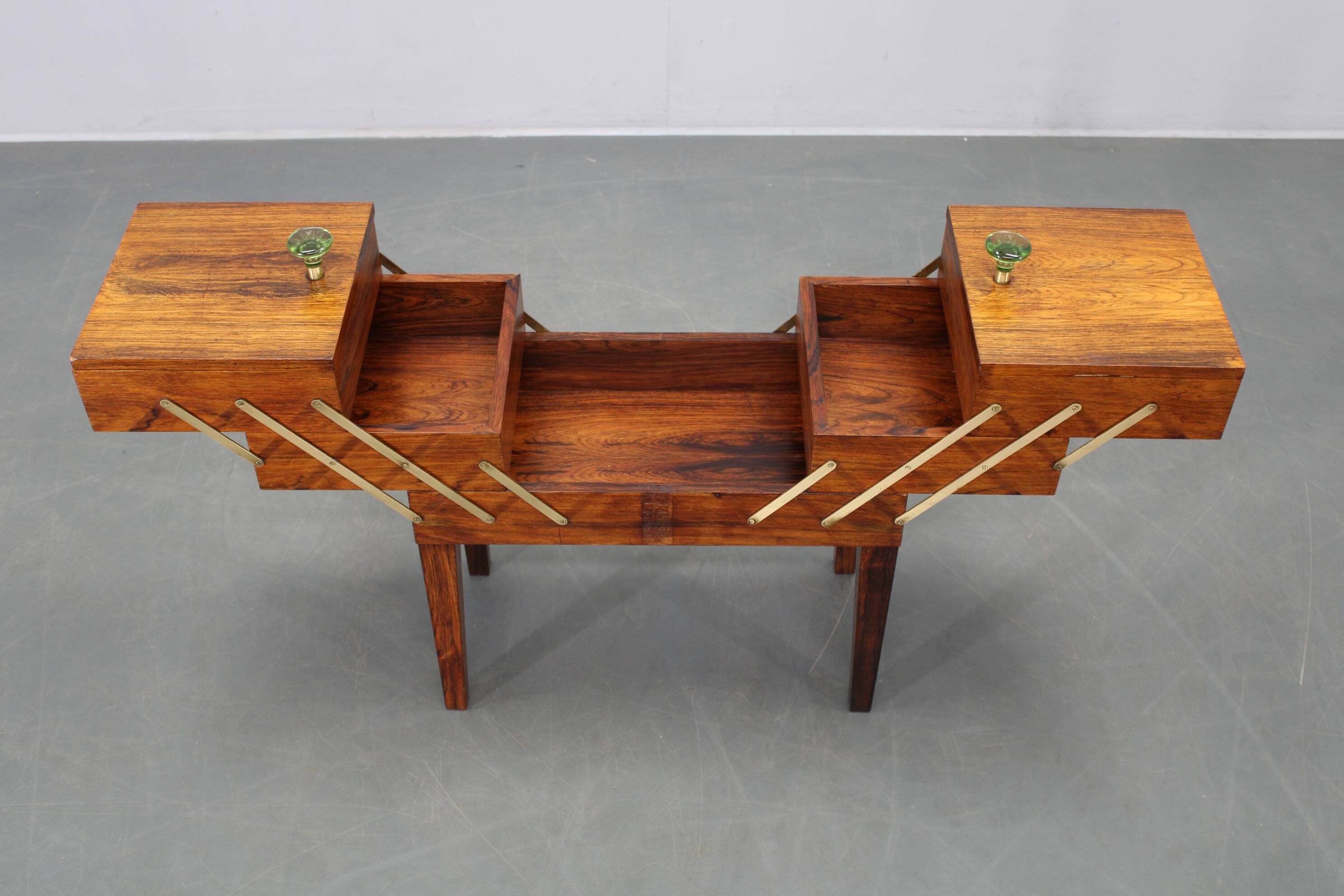 Danish mid-century unfolding sewing box in wood and brass, 1960s