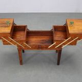 Danish mid-century unfolding sewing box in wood and brass, 1960s