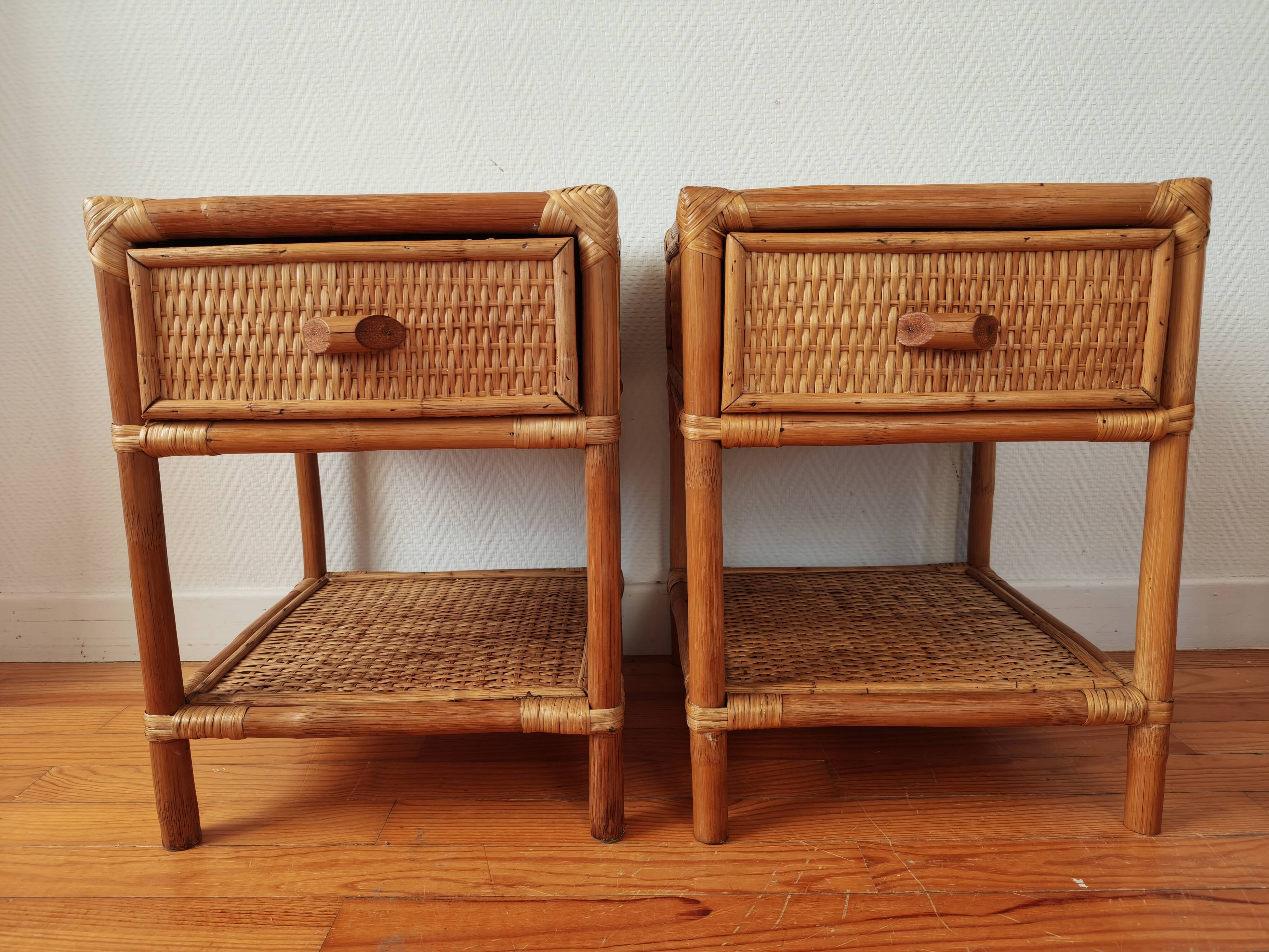 Pair of bedside tables in rattan and wicker - circa 1970