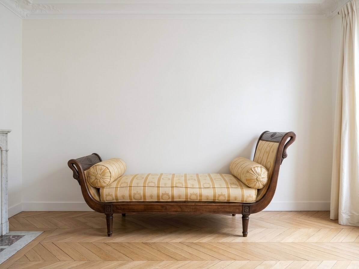 Classic meridian in wood and beige fabric with yellow stripes.