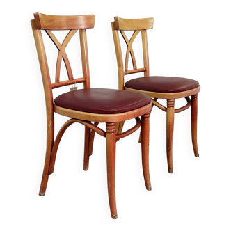 Set of 2 bistro chairs light wood red skai 70s France