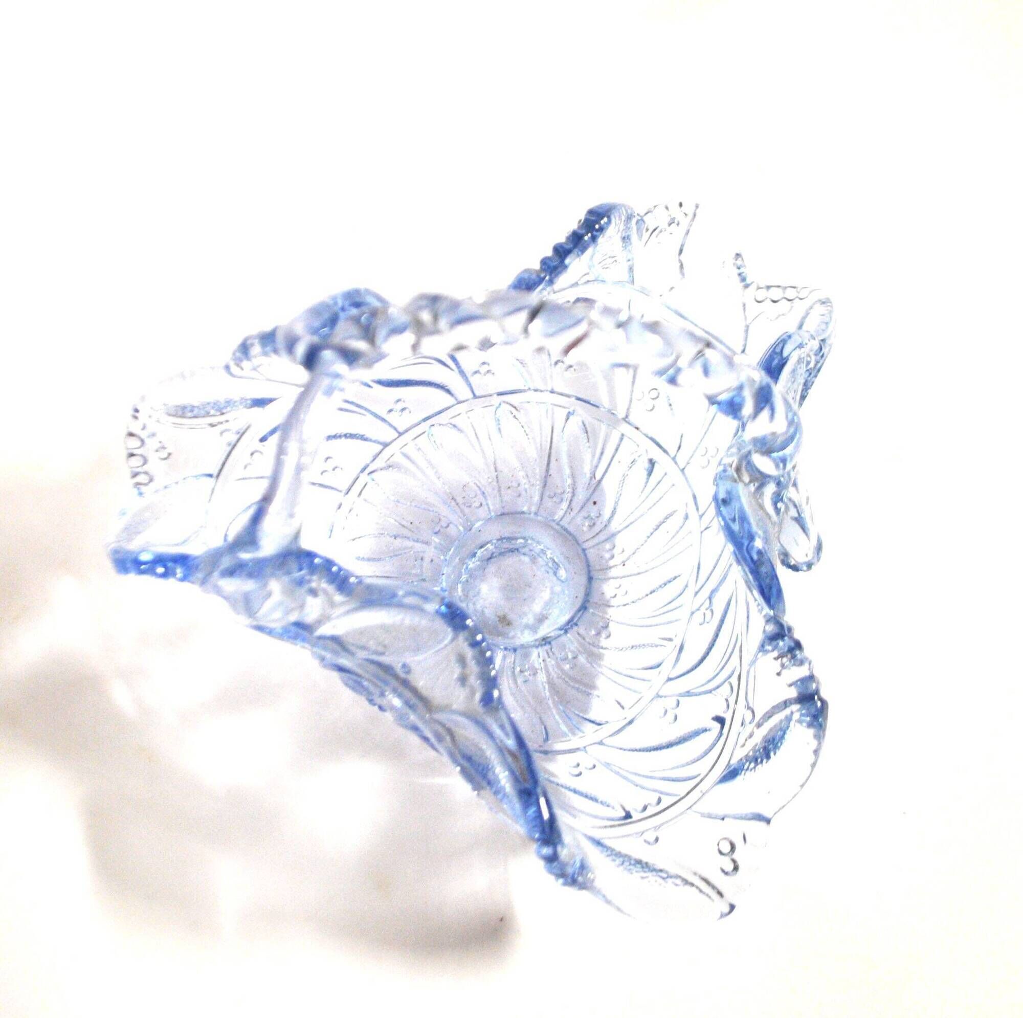 Vintage 1920s blue pressed-moulded glass bowl dish defect