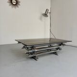 Space coffee table from the 70s, tubular metal and glass, Italian design