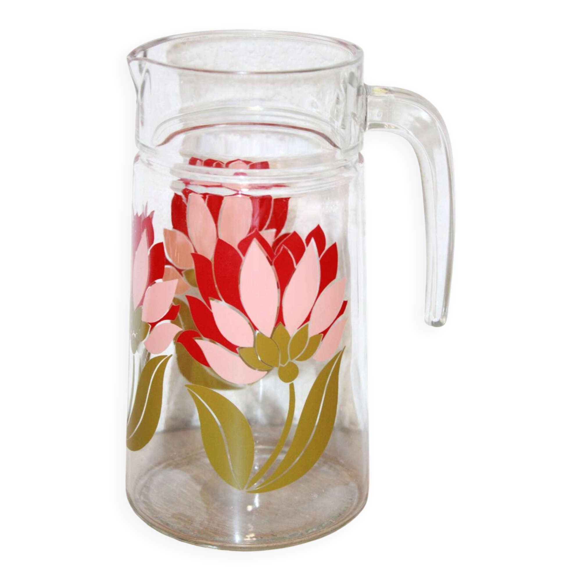 Vintage glass jug / carafe with magnolia decoration - 1970s