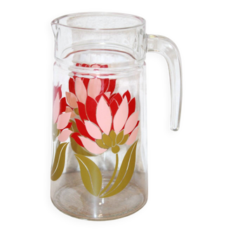 Vintage glass jug / carafe with magnolia decoration - 1970s