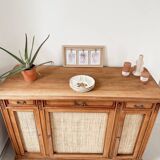 Buffet 3 portes vintage classique bois et raphia