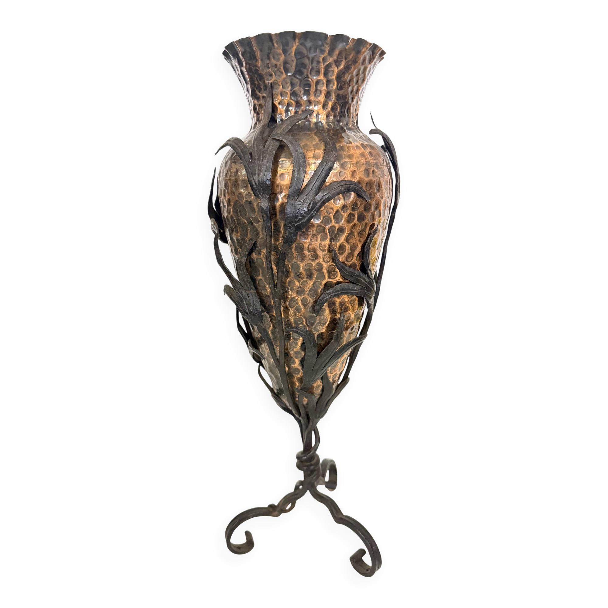 Copper Vase with Wrought Iron Snake and Leaves attr. to Alessandro Mazzucot