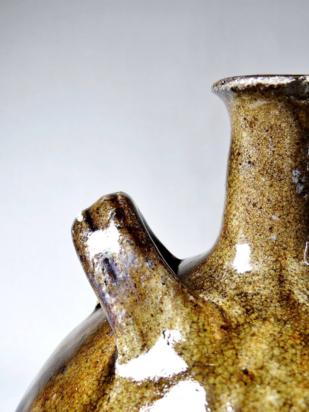 Old stoneware oil jar, glazed and enamelled, 2 handles