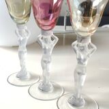 Set of 3 iridescent glasses/Caryatids/Venus base. Royal Bayel Crystal.