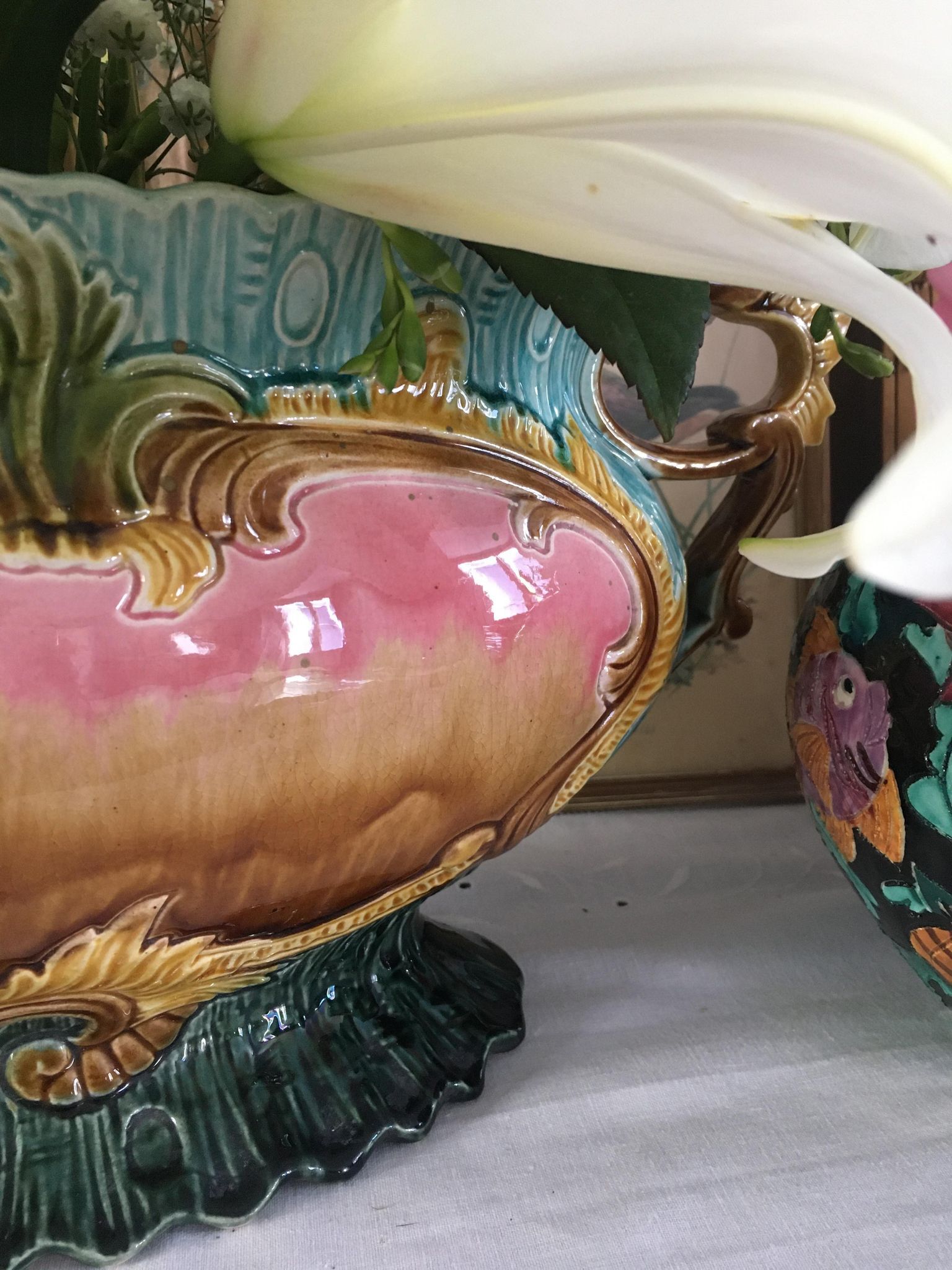 Art Nouveau planter barbotine Majolica 19th