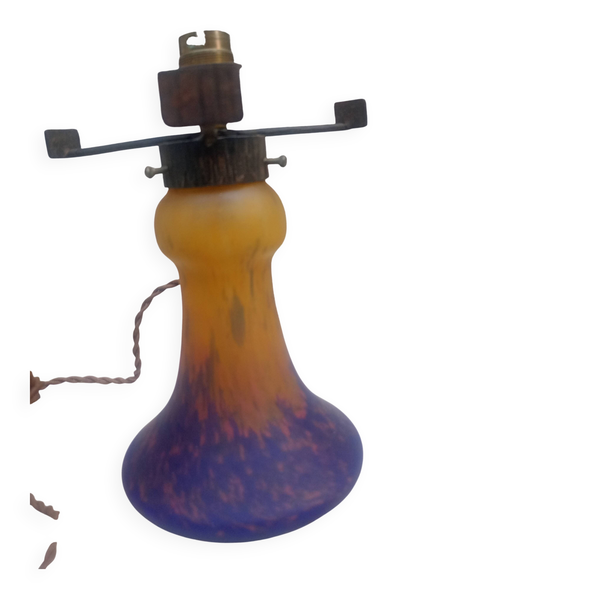 Müller Frères - Pied de Lampe verre marmoréen orange bleu & fer forgé