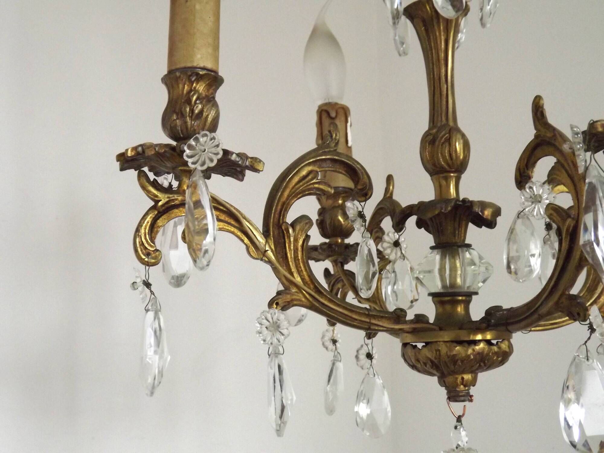 French Vintage Bronze and Glass 4 Light Art Nouveau Crystal Chandelier