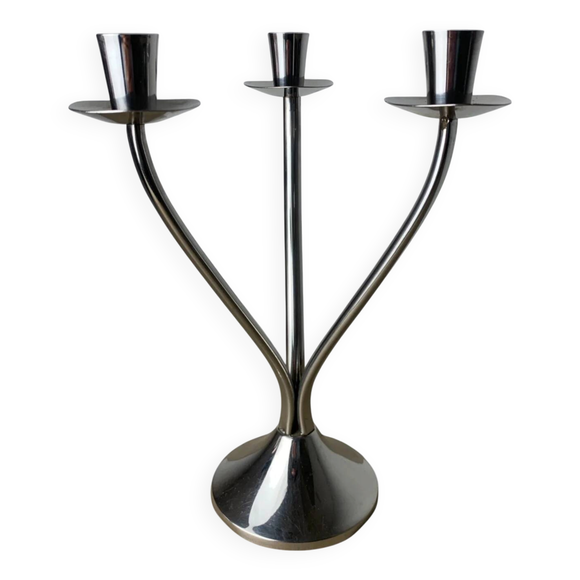 Art deco candlestick in stainless steel 3 flames, Spain, circa 1970