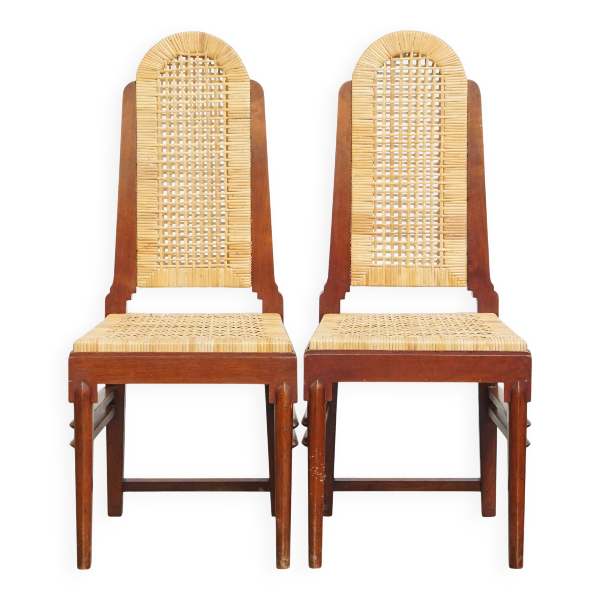 Set of 2 Wooden Art Deco Dining Chairs with Woven Cane Seat and Backrest