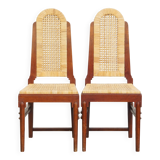 Set of 2 Wooden Art Deco Dining Chairs with Woven Cane Seat and Backrest