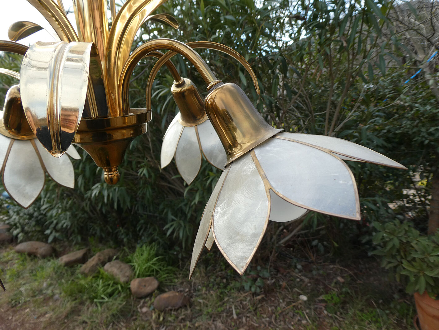Brass chandelier and flowers in mother-of-pearl petals