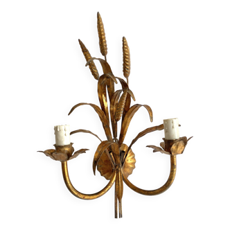 Hollywood Regency gold metal foliage and wheat spike wall light