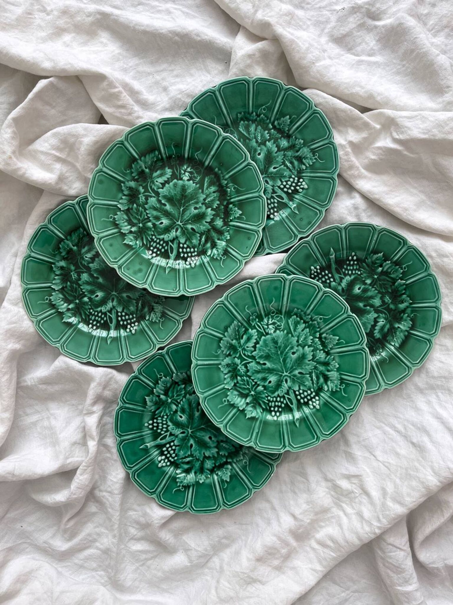 6 assiettes à dessert faïence en barbotine feuilles de vigne Sarreguemines