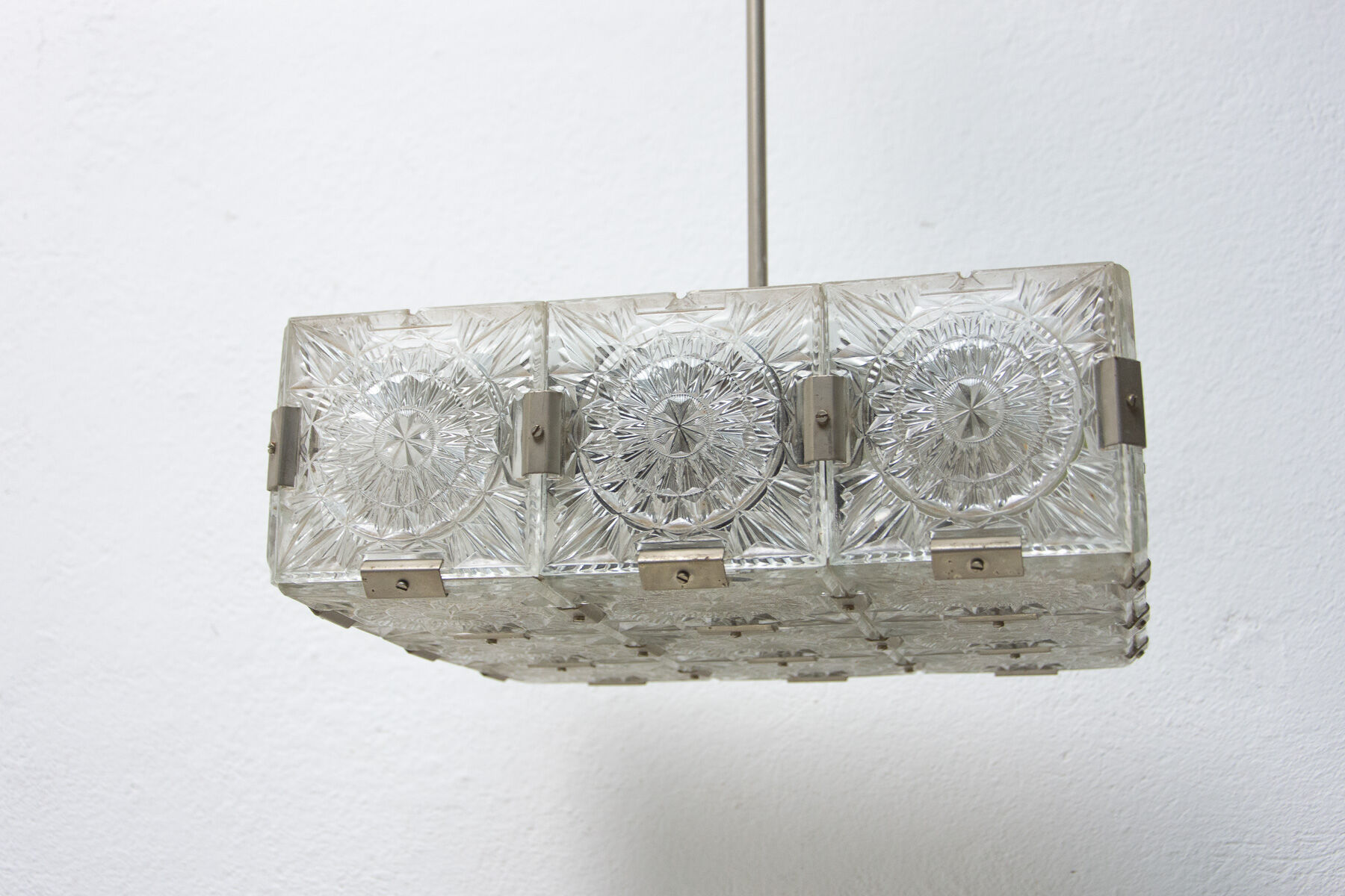 Vintage Glass and Chromed Steel Pendant Lamp by Kamenický Šenov, 1970s