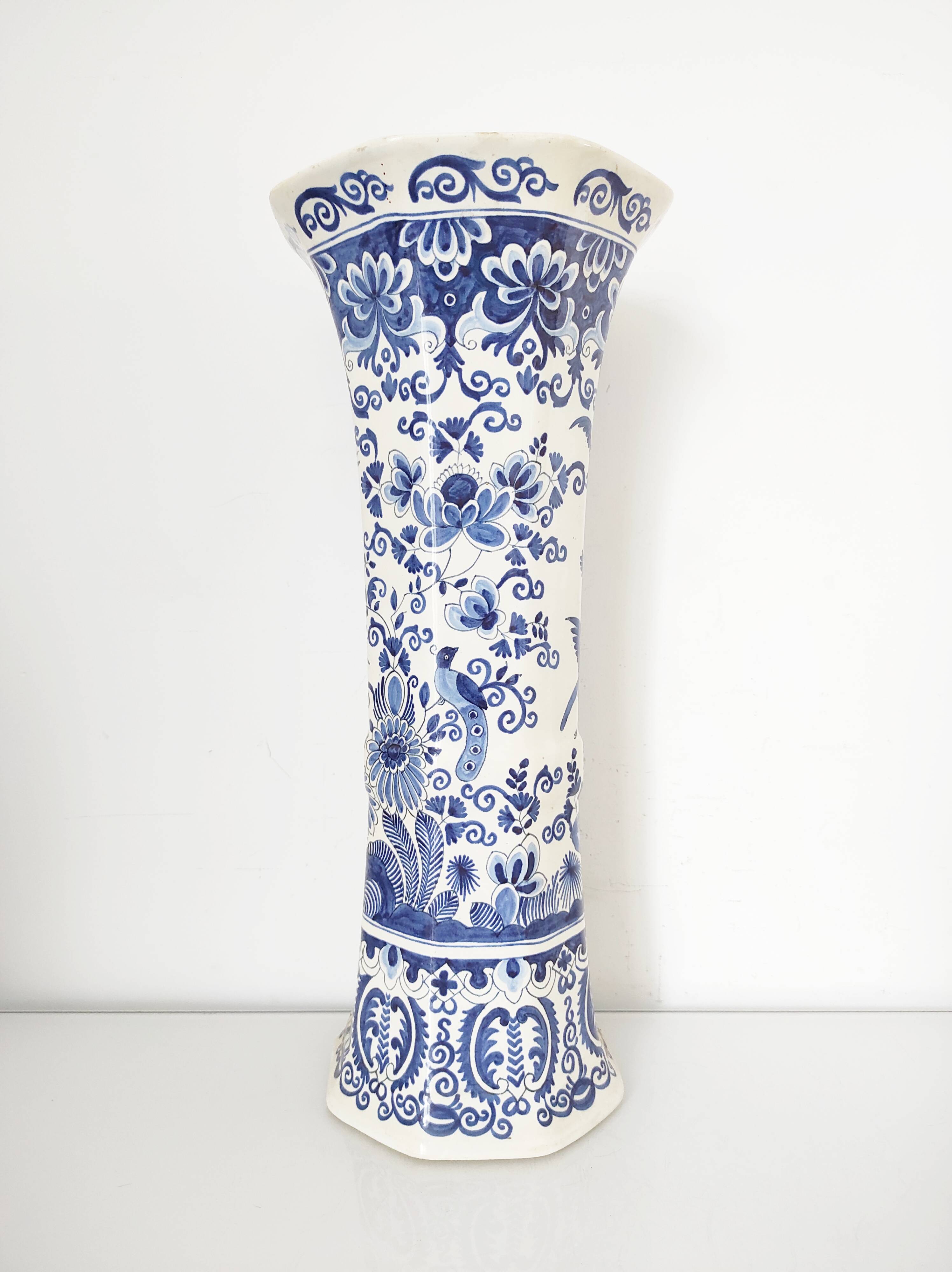 Octagonal vase blue birds BFK Boch Frères Kéramis 42 cm