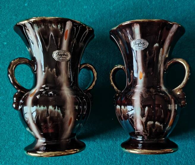 Pair of Jasba Keramik vases – Germany – 1950s/60s – brown, black & gold