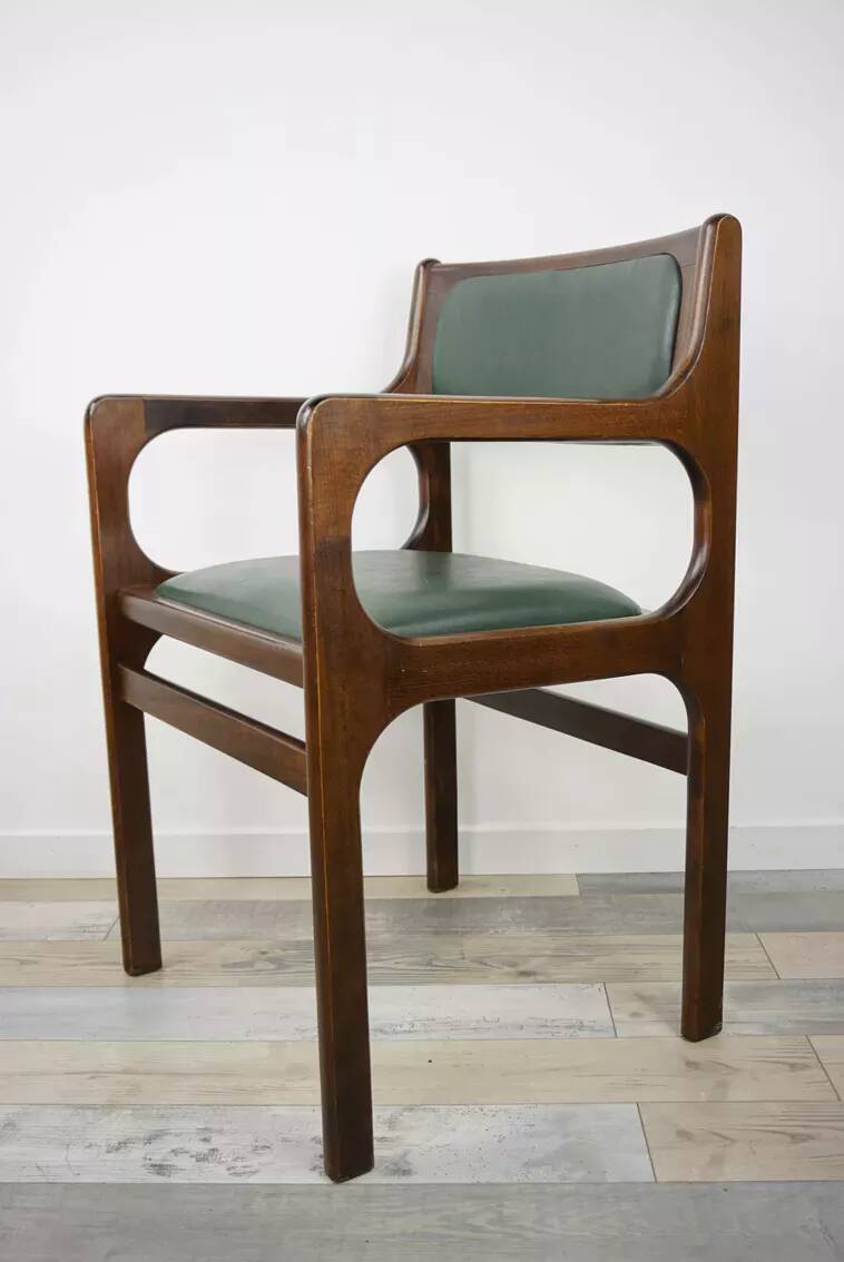 60s armchair in wood and dark green imitation leather