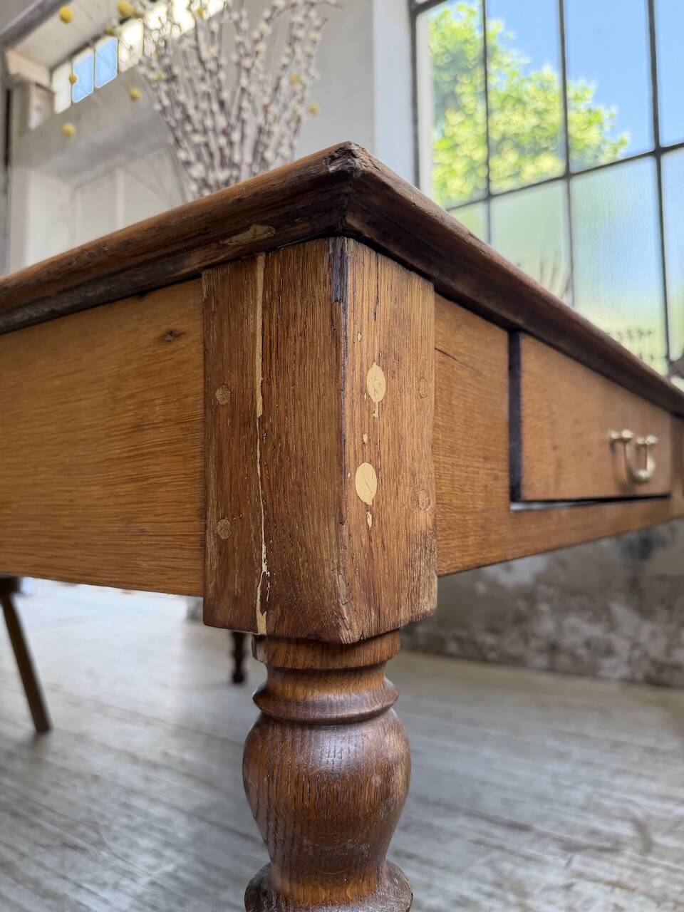 Grande table de ferme XL chêne « carrée » conférence 1950