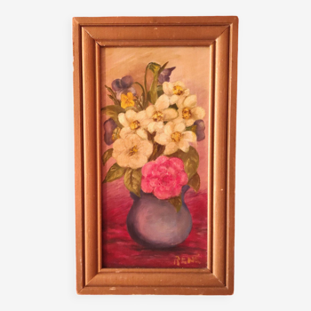 Vintage French oil painting of flowers, signed René