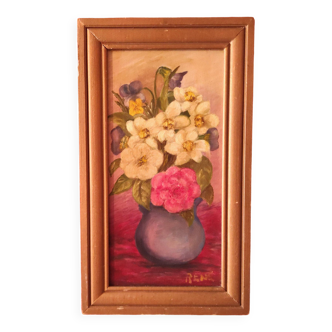 Vintage French oil painting of flowers, signed René