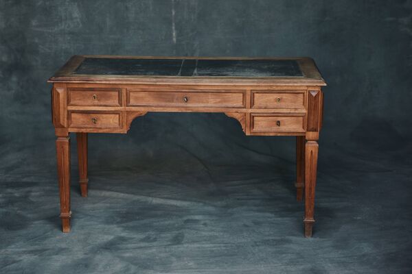 Bureau ancien en bois avec plateau gainé et 5 tiroirs