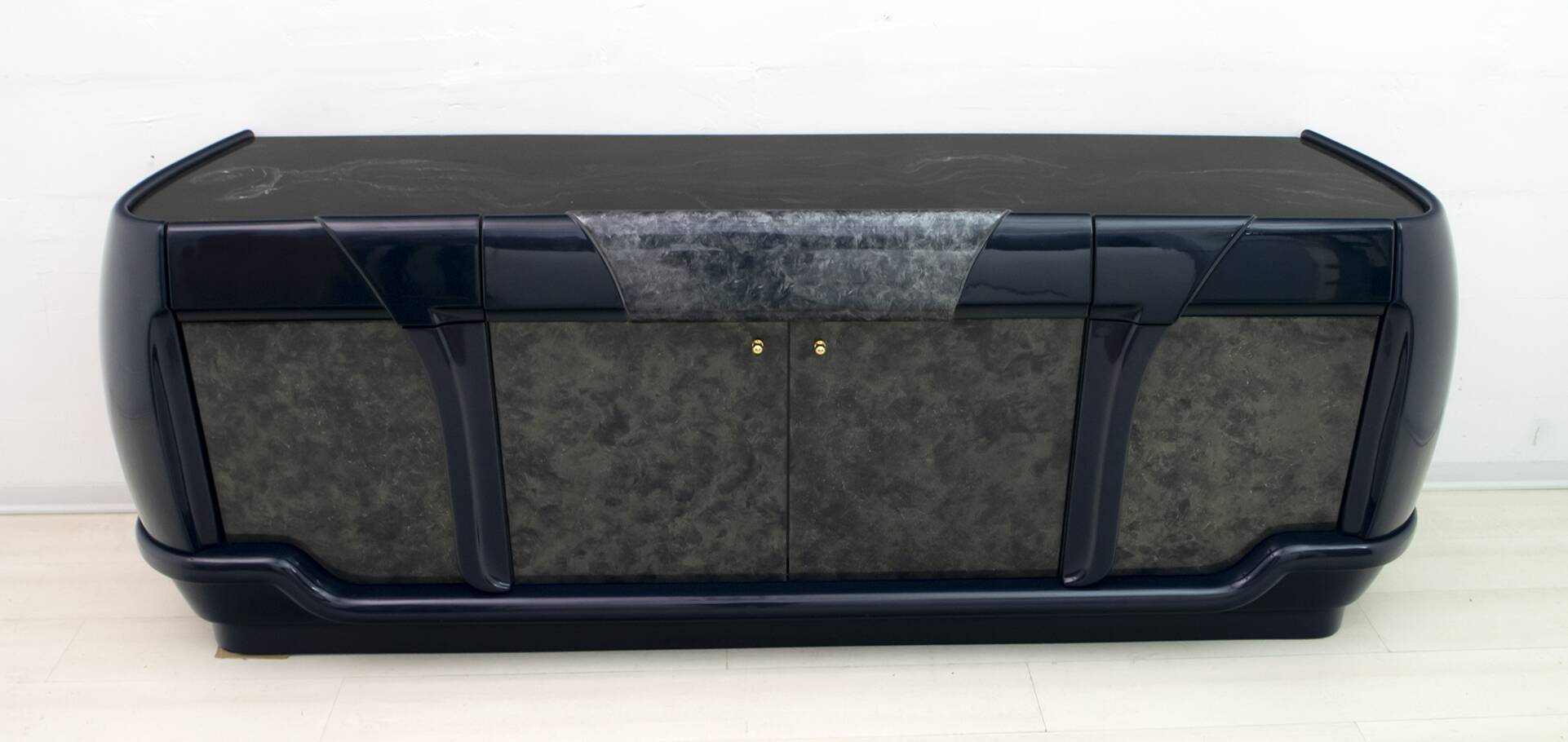 Postmodern Blue Lacquer and Black Marble Sideboard by DBM, Italy, 1980s