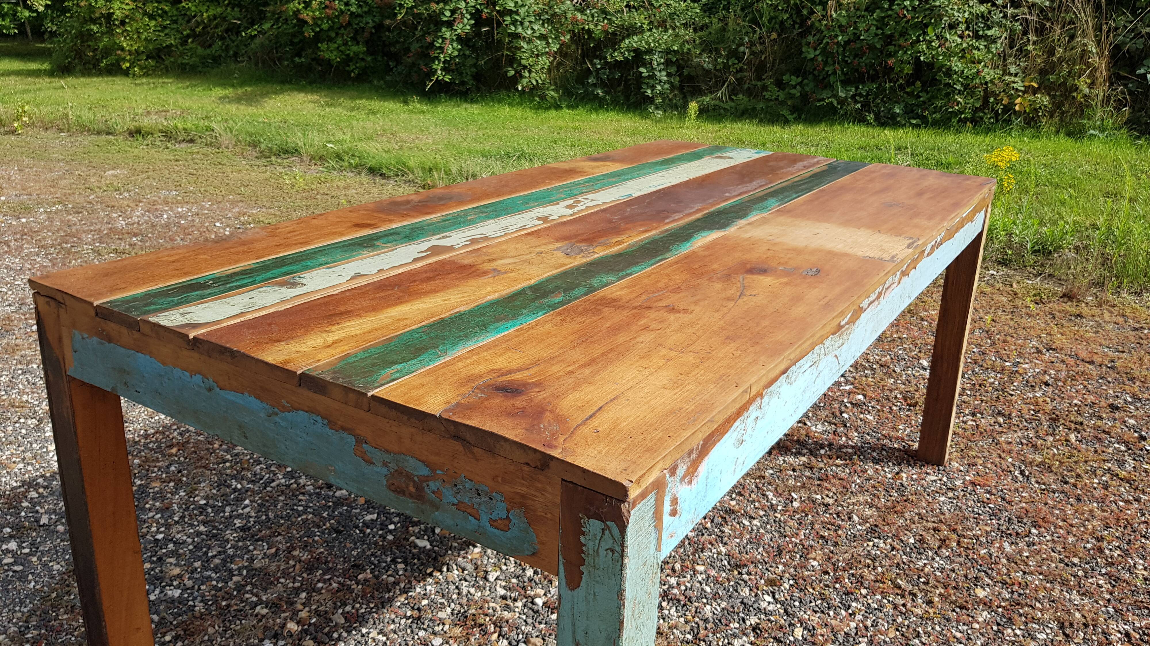 Polychrome teak dining table for 8 to 10 people