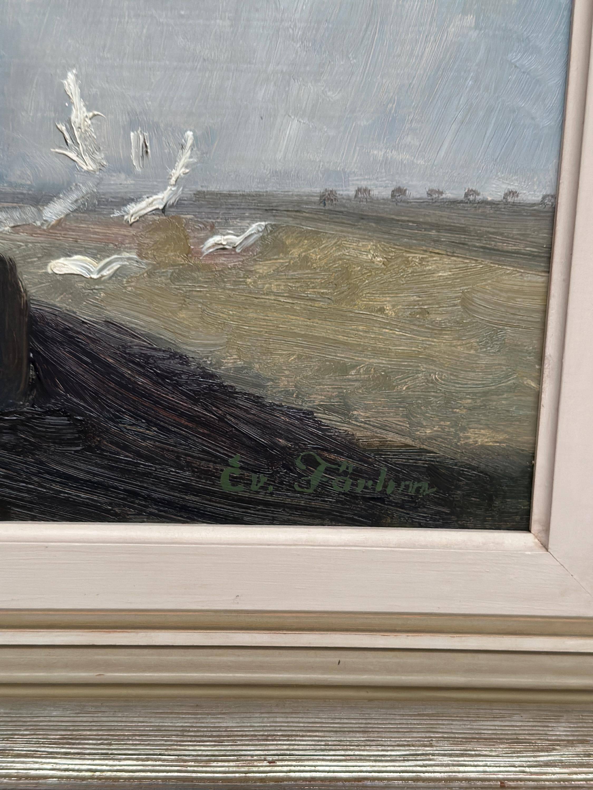 Original Mid Century Swedish Oil on Canvas – Tractor by Evert Färhm