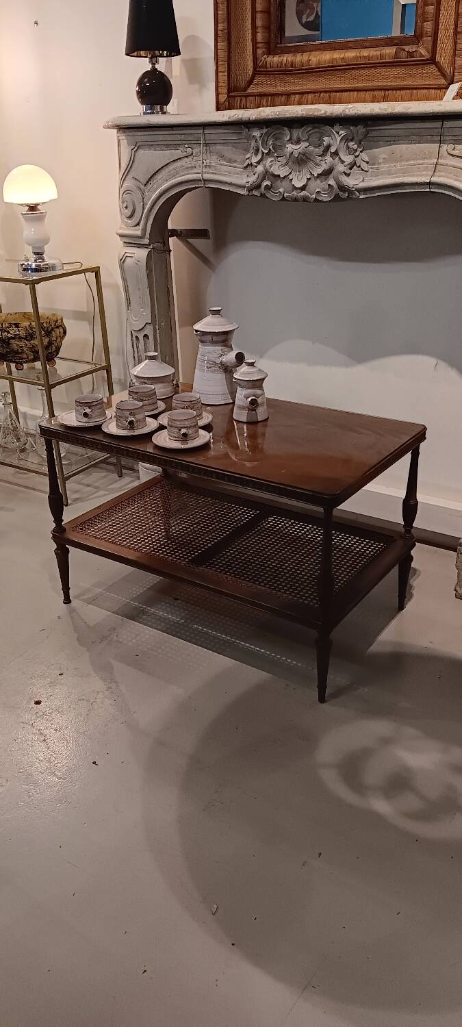 Coffee table / side table in mahogany with a rattan shelf.