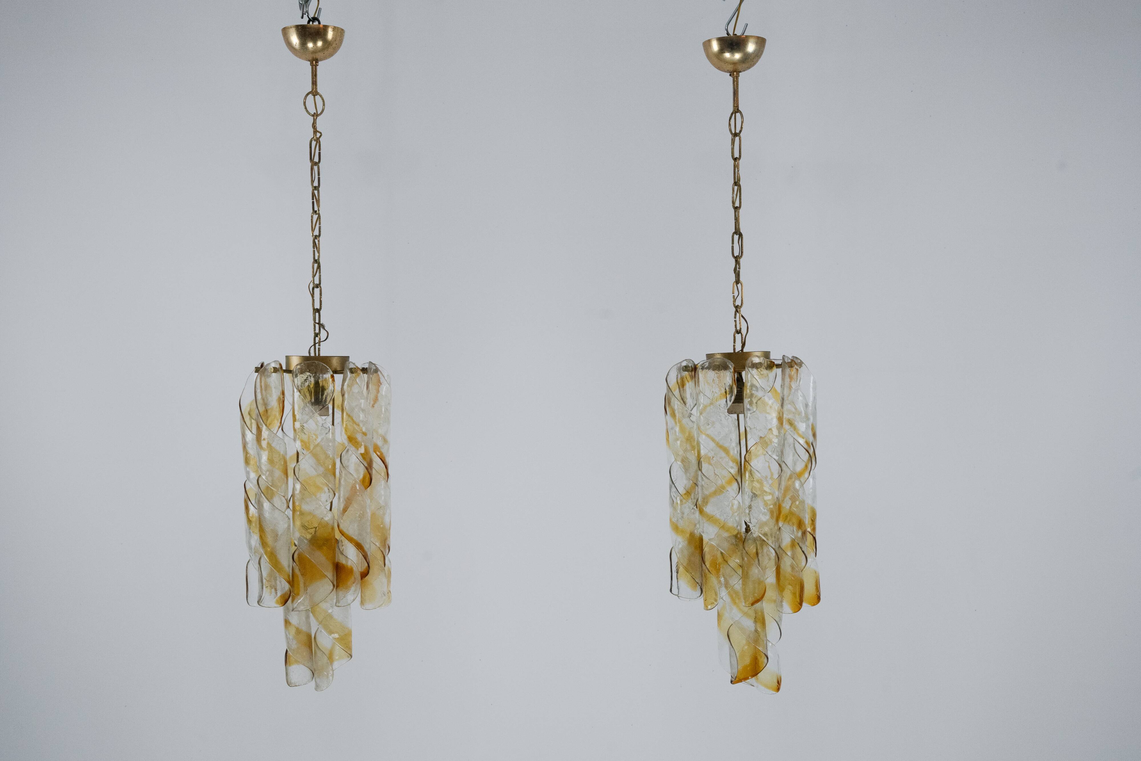 Pair of vintage Torciglione Murano glass chandelier by Mazzega. Italy 1970s